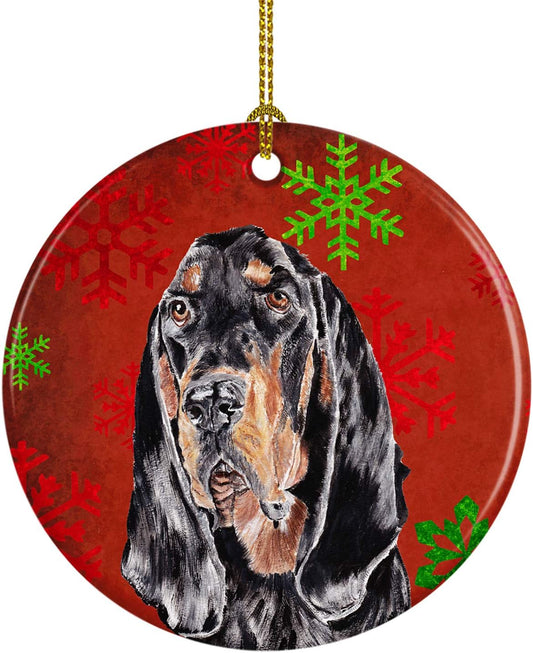 Black and Tan Coonhound Holiday Ceramic Ornament - Red Snowflakes Christmas Tree Decoration, 3 in