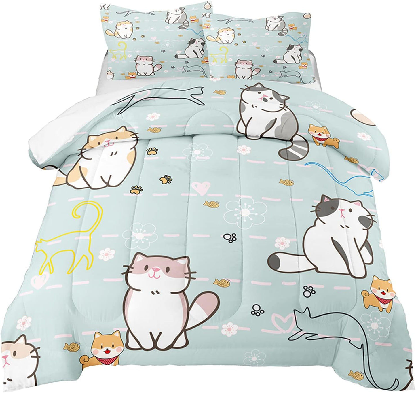 Cute Cartoon Dinosaur Bedding Set, Ultra Soft Full Size Comforter Set for Boys, Lovely Dinosaur Printed Comforter for Kids Teens, Dark Blue Microfiber Quilt for All Season 3Pcs with Pillowcases