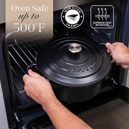 Cast Iron Dutch Oven with Lid – Non-Stick Ovenproof Enamelled Casserole Pot – Sturdy Dutch Oven Cookware – Black, 7.3-Quart, 30cm – by Nuovva
