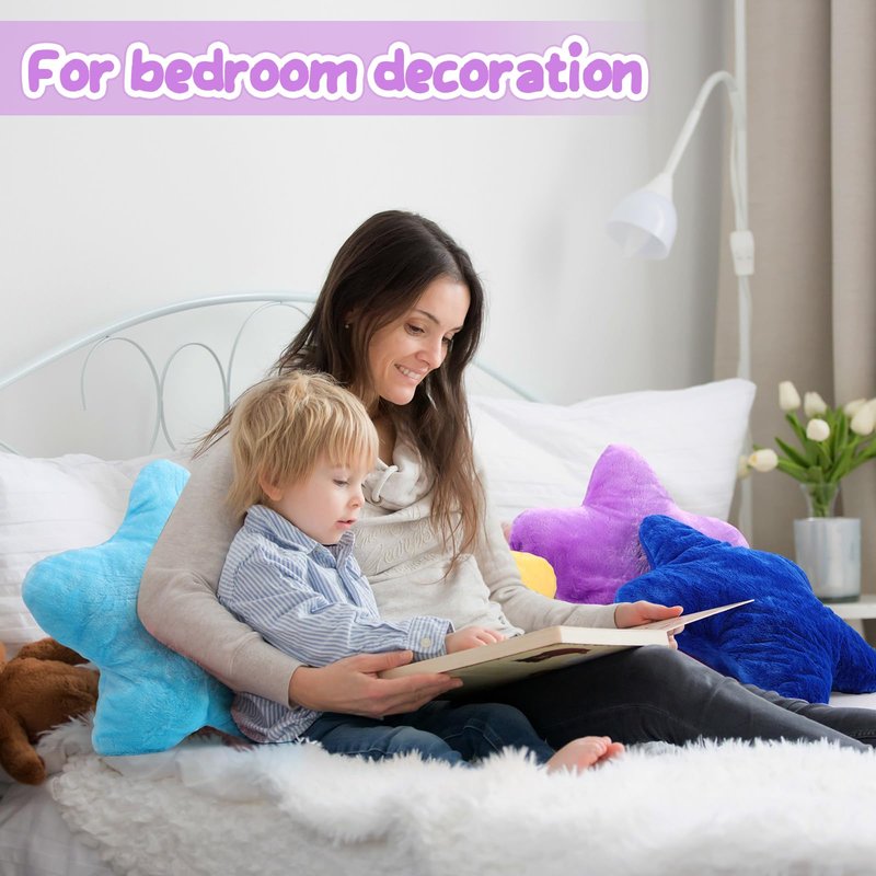 Soaoo 5 Pcs Star Fluffy Pillow Shaped Star Throw Pillow Kids Aesthetic Decor Soft Preppy Cute Cushion for Sofa Living Room Bedroom Back to School 15.75 in (Yellow,Purple,White,Blue,Dark Blue)