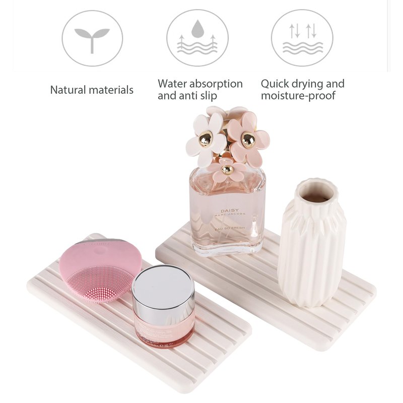 NiuYichee 2 PCS Water Absorbent diatomite Coasters, 8.3" x 4" Water Absorbing Stone Tray for Sink, Stone Drying mat for Kitchen Counter, Stone soap Tray Used for Hand Soaps & toiletries & Plants