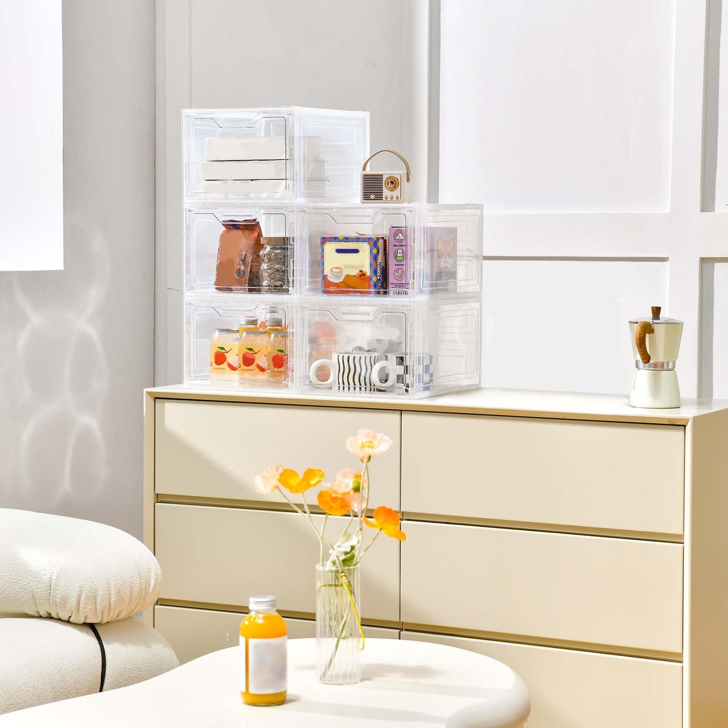 Freebat 10 Pack Closet Organizers and Storage,Clear Stackable Plastic Storage Bins with Lids Magnetic Doors,Clothes Organizers and Storage,Plastic Craft Containers for Wardrobe Kitchen Bathroom Office