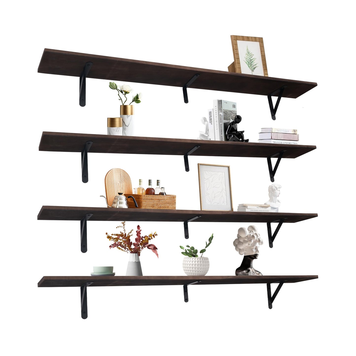 Huiyiaus Long Floating Shelves for Books,Wall Hanging Bookshelf Set of 4,Rustic Wall Mount Book Shelf Wood Extra Large for Livingroom Bedroom Kitchen Bathroom Home Office Decor,47 Inches(Dark Brown)