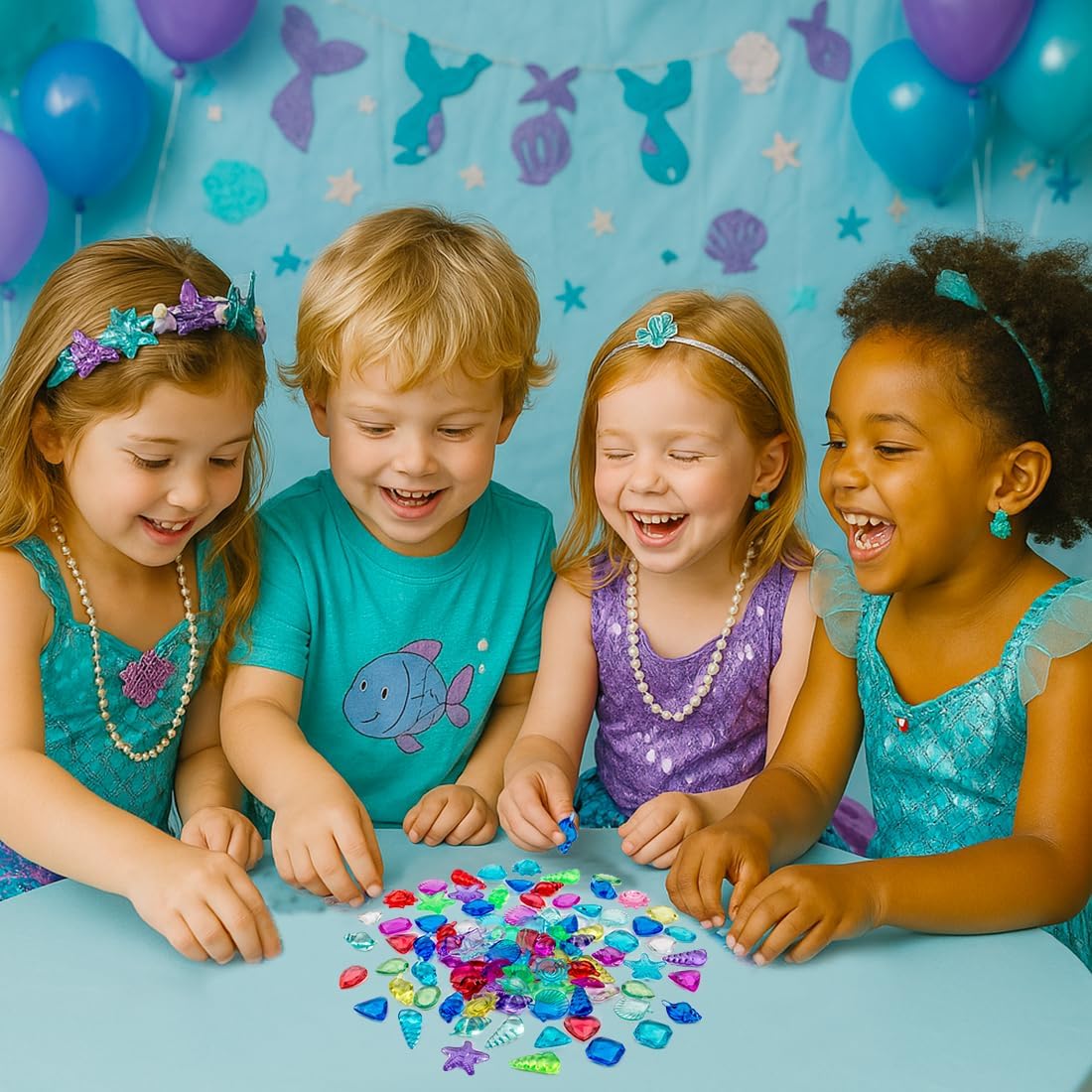 Skiennix Sensory Bin Filler - 180 Pcs Plastic Gemstones & Fake Seashells for Kids | Ocean-Themed Fun