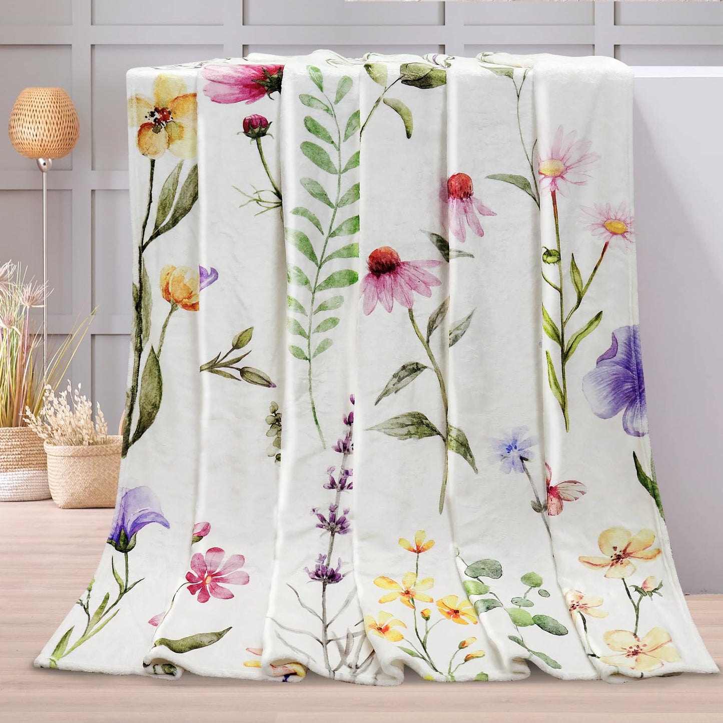 Tupmnbry Wildflowers Throw Blanket Botanical Floral Printed Blanket Super Soft Flannel Throw Blanket Lightweight Fluffy Plush Fuzzy Bed Blanket for Bedding Sofa and Travel 50"X60"