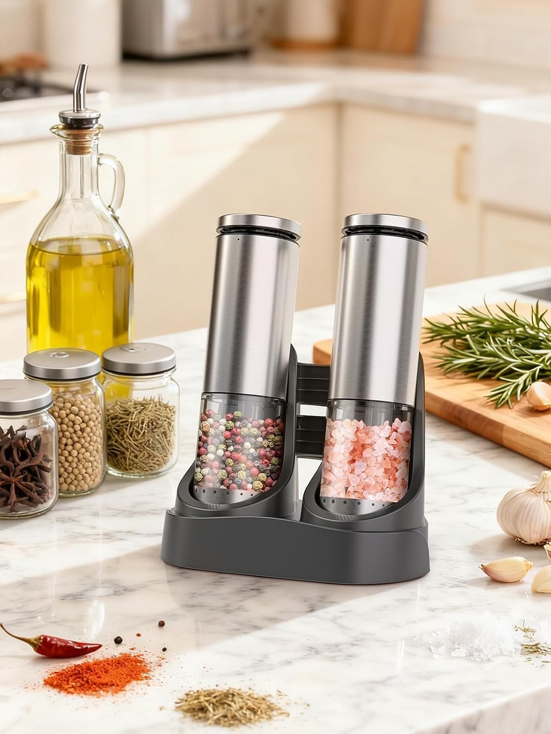 Skiennix Electric Salt and Pepper Grinder Set - Rechargeable Automatic Grinders with Adjustable Coarseness | Stainless Steel, Silver