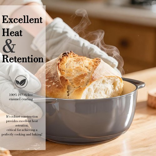 Enameled Cast Iron Dutch Oven - Umite Chef 6QT Pot with Lid & Cotton Potholders - Dual Handles -Versatile Heavy Duty Cookware for Bread Baking,Braising, Stews, Roasting(Grey)