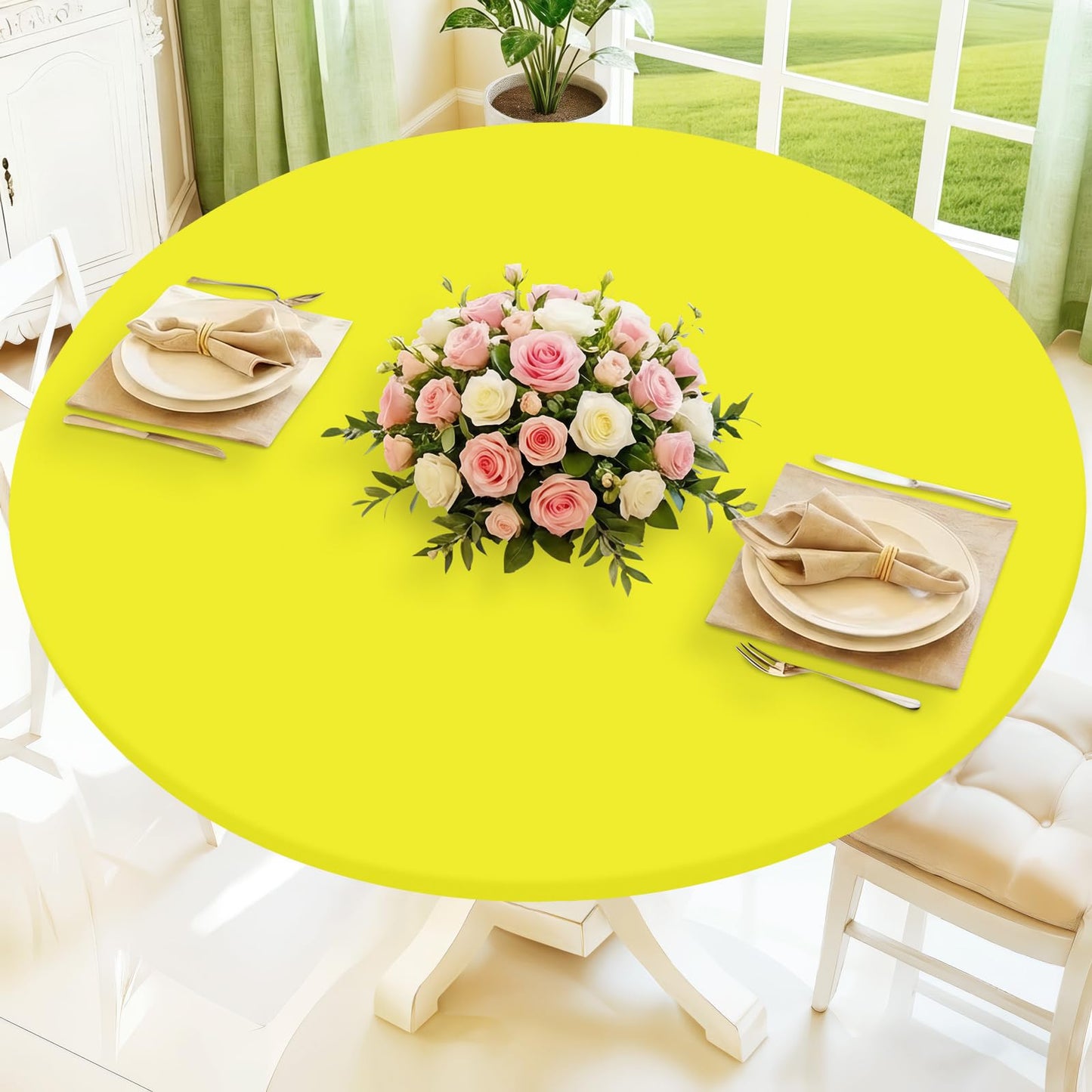 Moosfor Round Spandex Tablecloth, Elastic Fitted Waterproof Tablecloths for 45"-56" Tables, Stretch Washable Picnic Table Cover for Camping, Dining, Indoor and Outdoor, Light Yellow