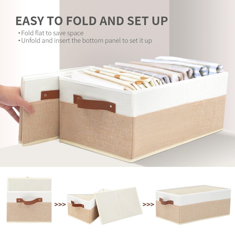 Closet Organizer Bins 3 Pack, Large Storage Bins for Shelves, Foldable Closet Storage Boxes Baskets with Leather Handles for Organizing Clothes, Sheets, Jeans, Toys, Books(Begie)