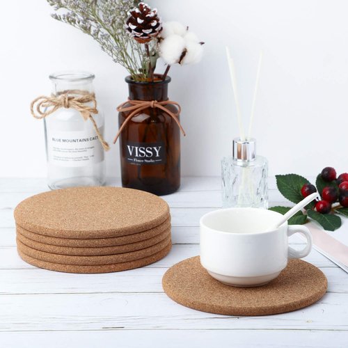 Boao 6 Pcs Round Cork Trivets for Hot Dishes High Density Thick Coasters Wooden Absorbent Cork Plant Coasters for Kitchen, Drinks Coffee Plants (6 Inch)