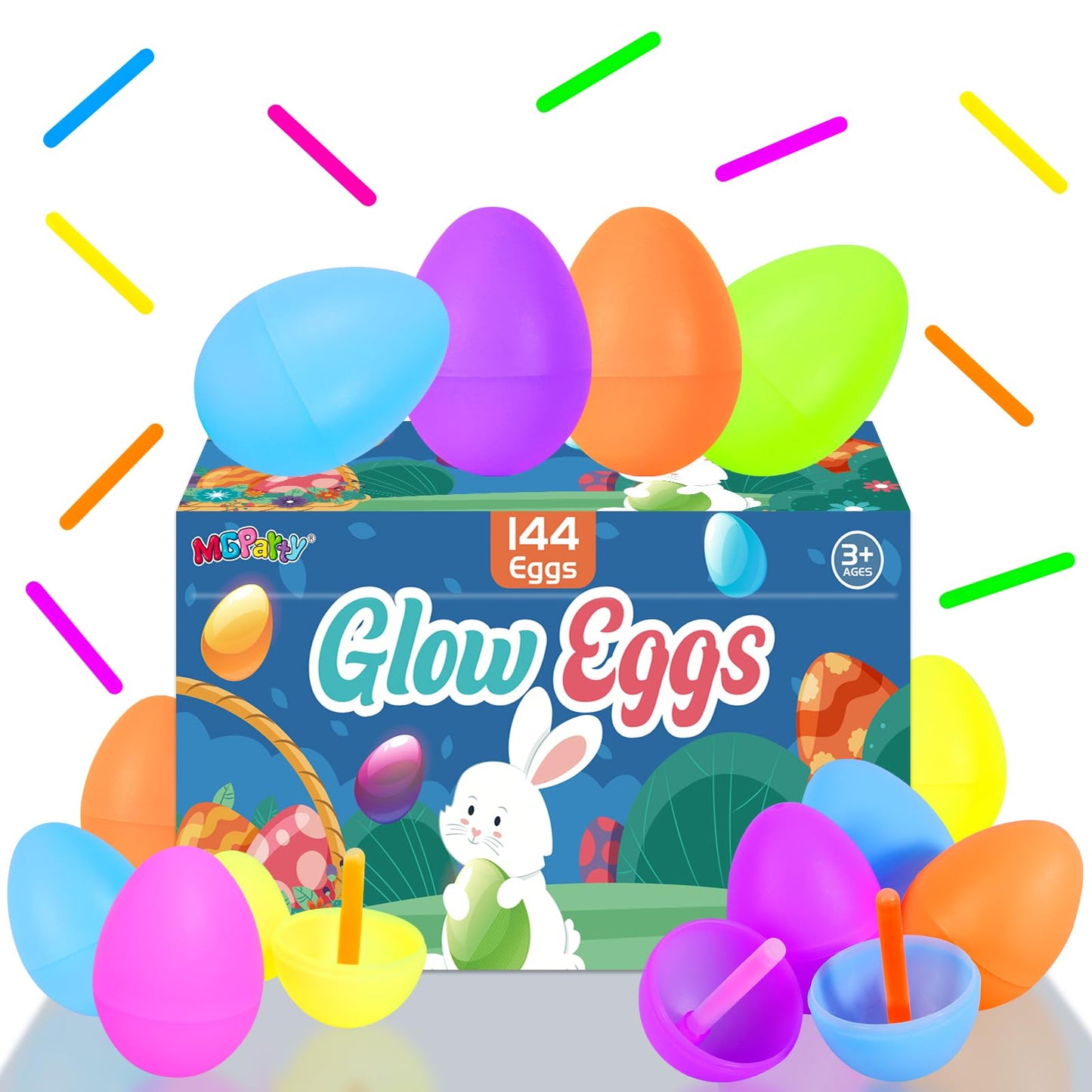 MGparty Glow in The Dark Easter Egg Hunt Set - 144 Fillable Plastic Eggs with 288 Mini Glow Sticks for Kids - Easter Basket Stuffers, Party Favors, Classroom Prizes, and Game Supplies