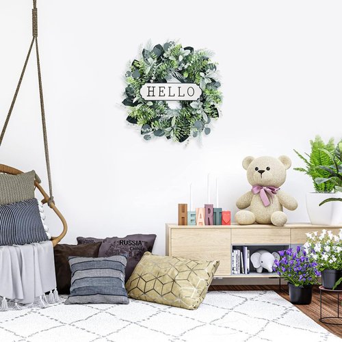 Hello 24-Inch Boxwood Wreath - Farmhouse Eucalyptus & Flocked Lambs Ear for Front Door Decor