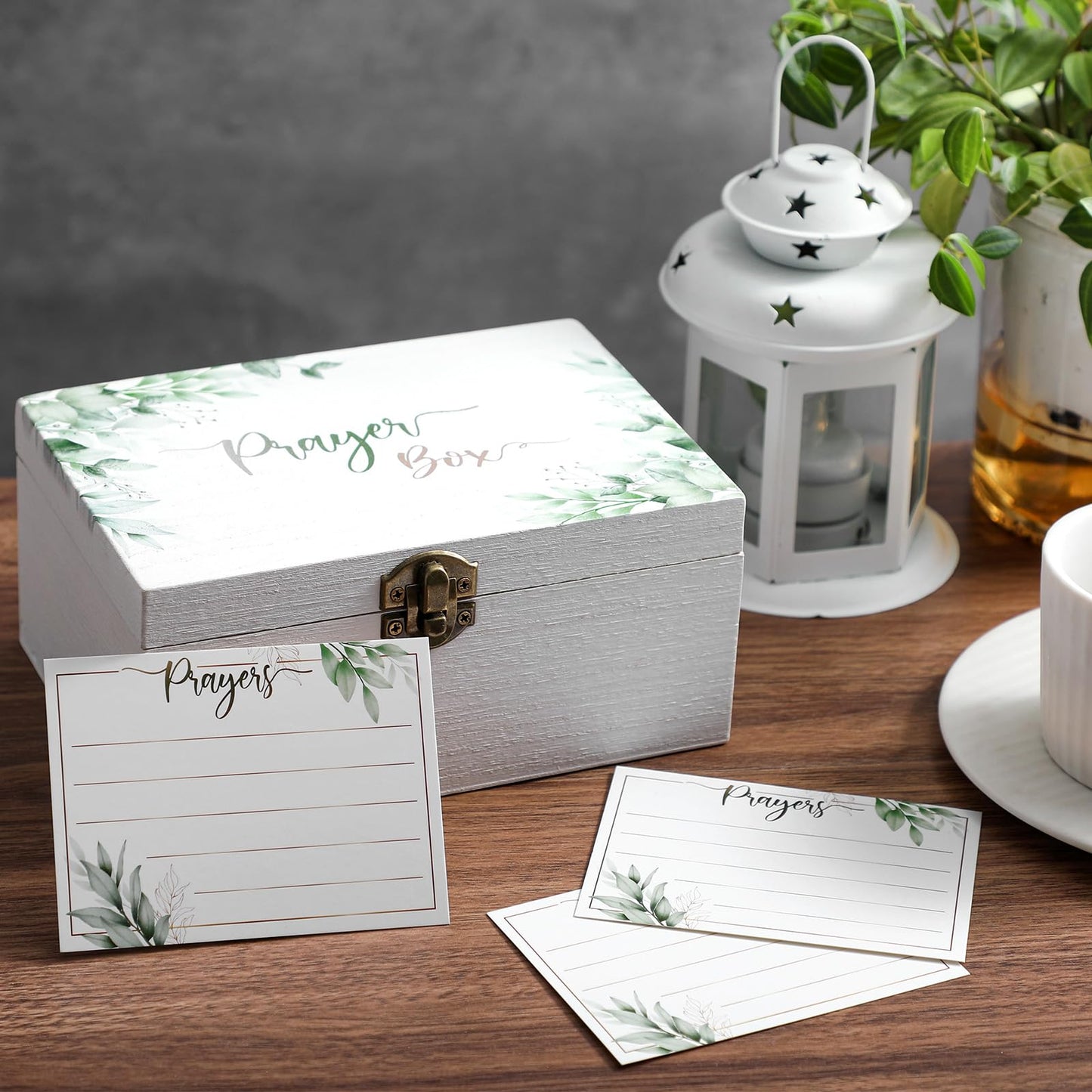CroBlissful Prayer Box with 100 Pcs Prayer Cards 6.8 x 5 x 3 Inches Wooden Distressed Box Prayer Request Cards for Christian Gifts(Leaves)