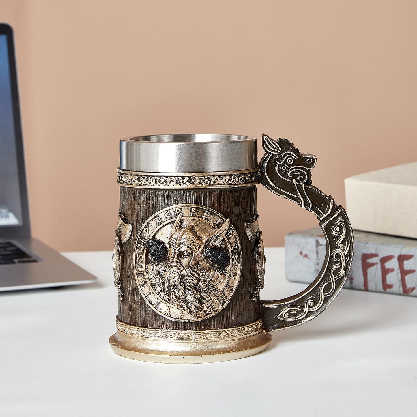 Ottalent Viking Mug Nordic Mythology Odin and Thor beer stein mug, Viking gift tankard stainless steel liner 17oz.,beer gift for men father’s day