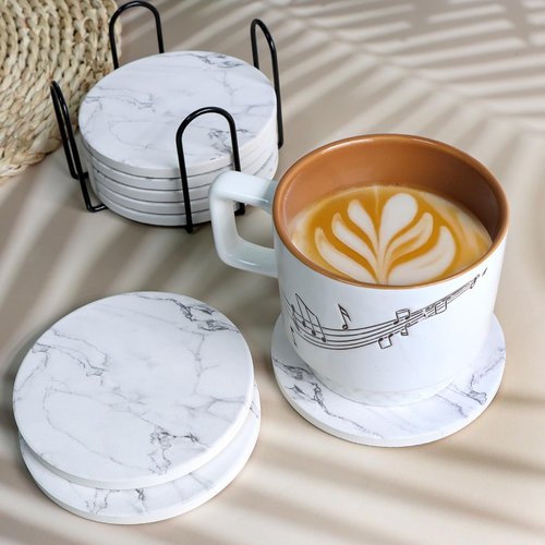 AEE FIRSONE Ceramic Coaster Set of 8, 4 Inch Drink Coasters with Holder, Absorbent Drink Coasters for Dining Table, Round Coasters Set for Drinks, Cup Coaster for Home Decor, Housewarming Gift