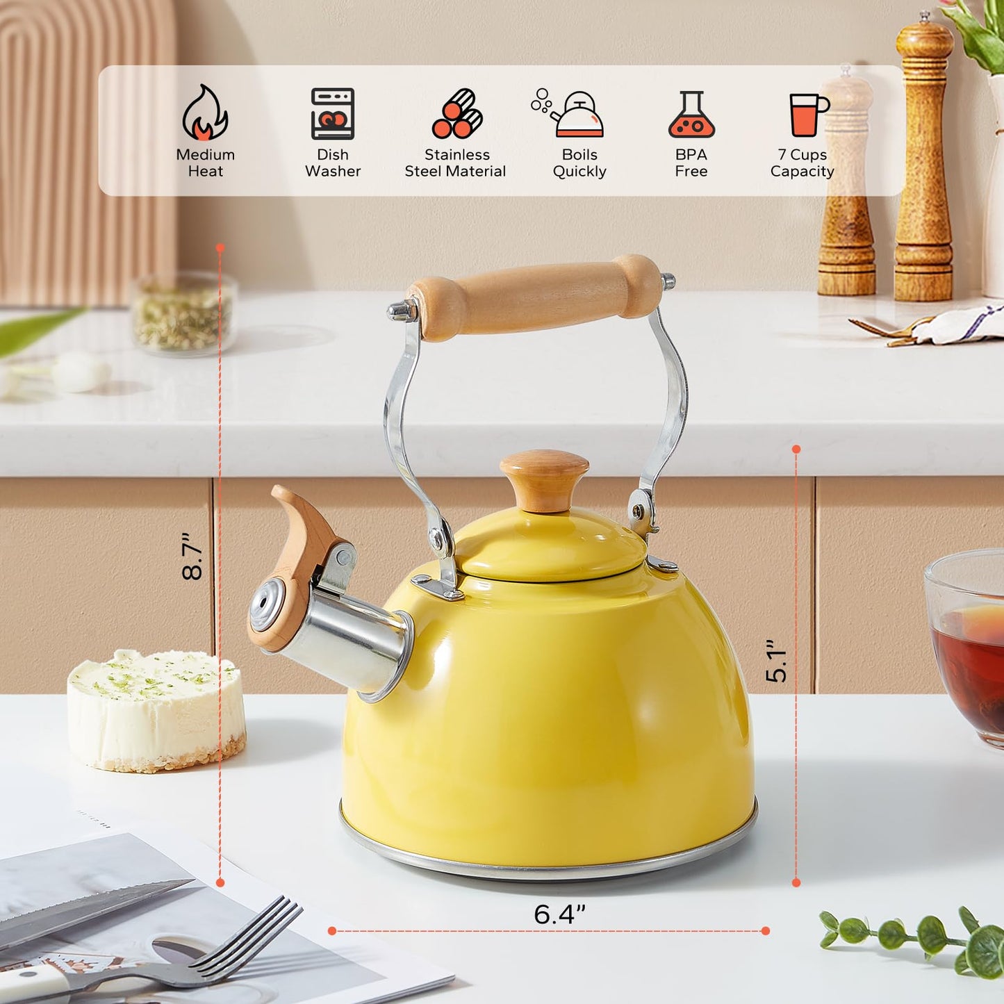 ROCKURWOK Tea Kettle, Tea Pot with Cool Touch Ergonomic Handle, Teapot Food Grade Stainless Steel, Tea Kettle Stovetop, Kettle Teapot, Whistling Tea Kettle, Small Tea Kettles, 1.6 Quart (Yellow)