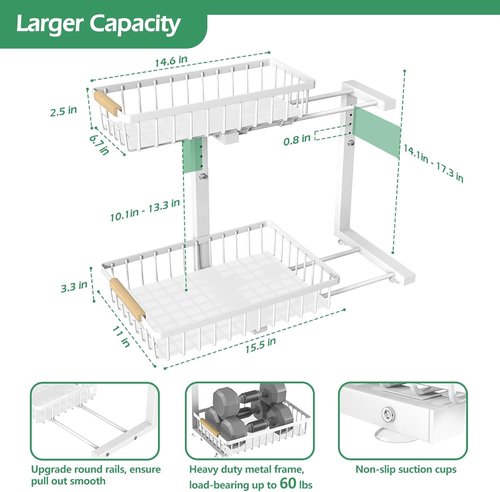 ADRIMER Under Sink Organizer - 2 Pack Pull-Out Kitchen & Bathroom Storage Shelves, White