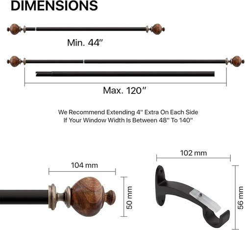 DECO WINDOW Heavy-Duty Curtain Rod - Adjustable 44-120 Inch Metal Drapery Rod with Decorative Wood Finials | Brown Matte