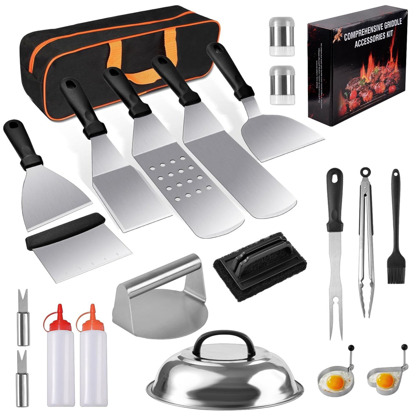 22PCS Blackstone Griddle Accessories, Flat Top Grill Accessories for Blackstone and Camp Chef, Griddle Spatula Set with Metal Spatula, Enlarged Spatulas, Basting Cover, Scraper for Outdoor Barbecue