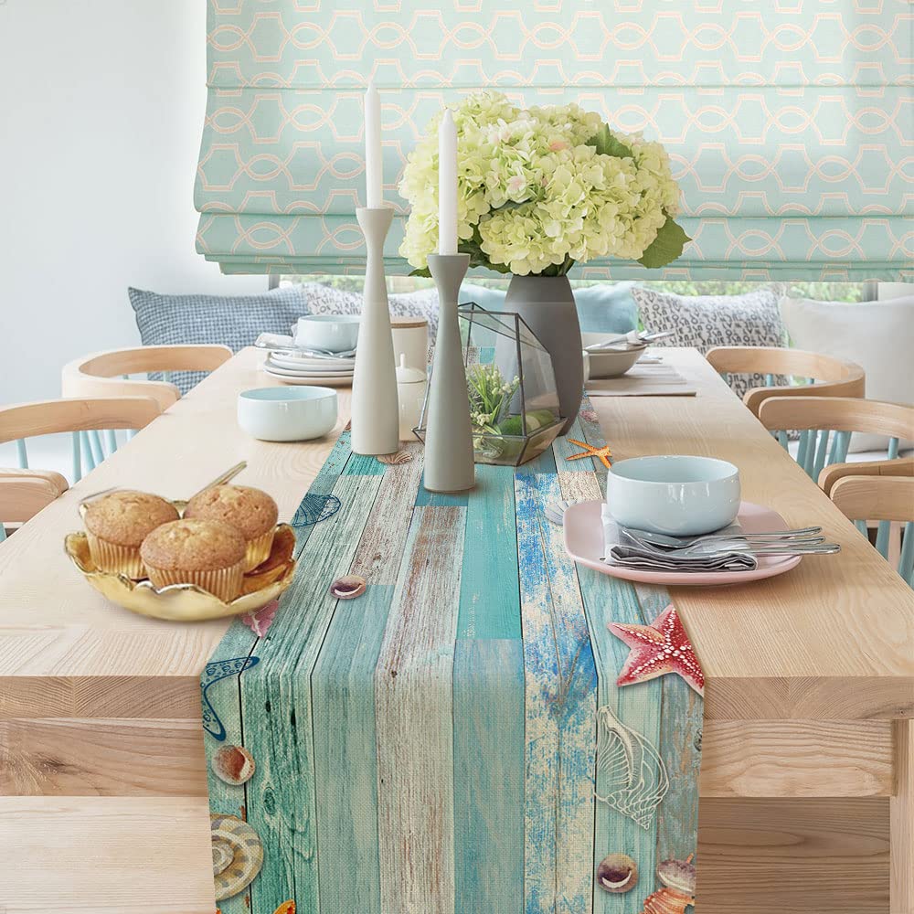 Beach Table Runner, Summer Ocean Beach Seashell Starfish Table Runner for Kitchen, Coastal Nautical Linen Non-Slip Dining Table Runners for Family Dinner/Wedding/Outdoor Indoor Party