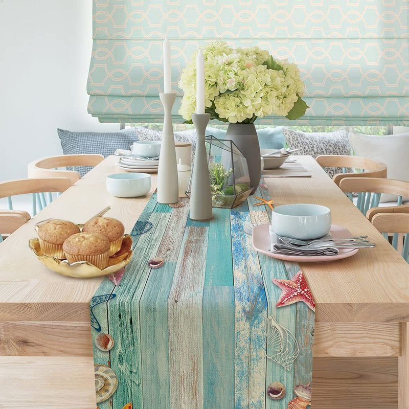Beach Table Runner, Summer Ocean Beach Seashell Starfish Table Runner for Kitchen, Coastal Nautical Linen Non-Slip Dining Table Runners for Family Dinner/Wedding/Outdoor Indoor Party