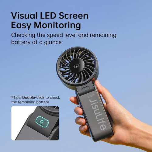 JISULIFE Handheld Fan Life7 - Powerful 5-Speed Cooling | 19.5H Runtime, 5000mAh Battery, Portable Design (Black)