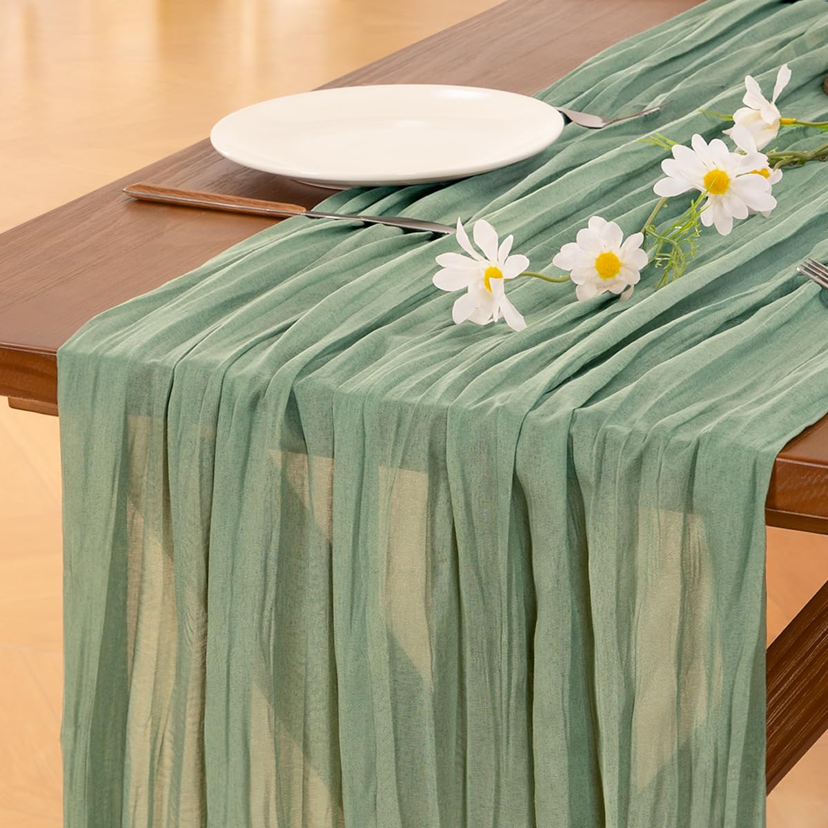 Socomi 10pcs Sage Green Cheesecloth Table Runner Summer Boho Rustic Gauze 120 inch 10FT Cheese Cloth Sheer Runner for Wedding Party Baby Shower Home Decor Holiday Decorations