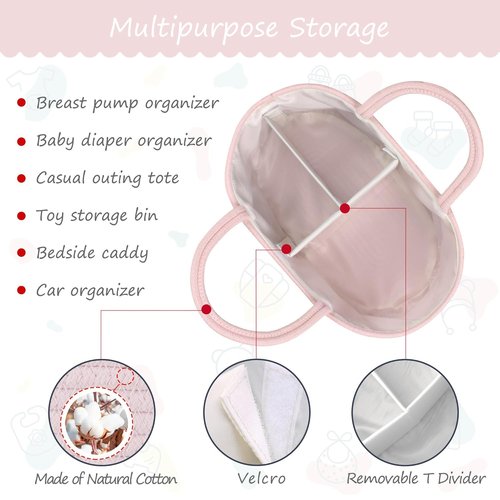 COMSE Baby Diaper Caddy Organizer - Portable Tote Bag with Divider for Newborn Essentials | Light Pink