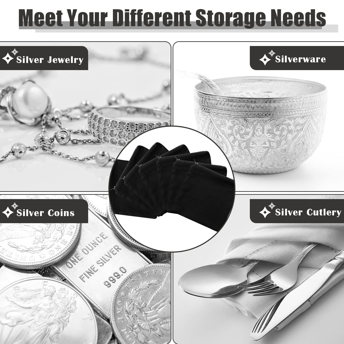 Geosar 24 Pcs Silver Storage Bags Anti Tarnish Jewelry Storage Bags Zippered Keeper for Silverware Jewelry(4 x 4 Inch,Black)