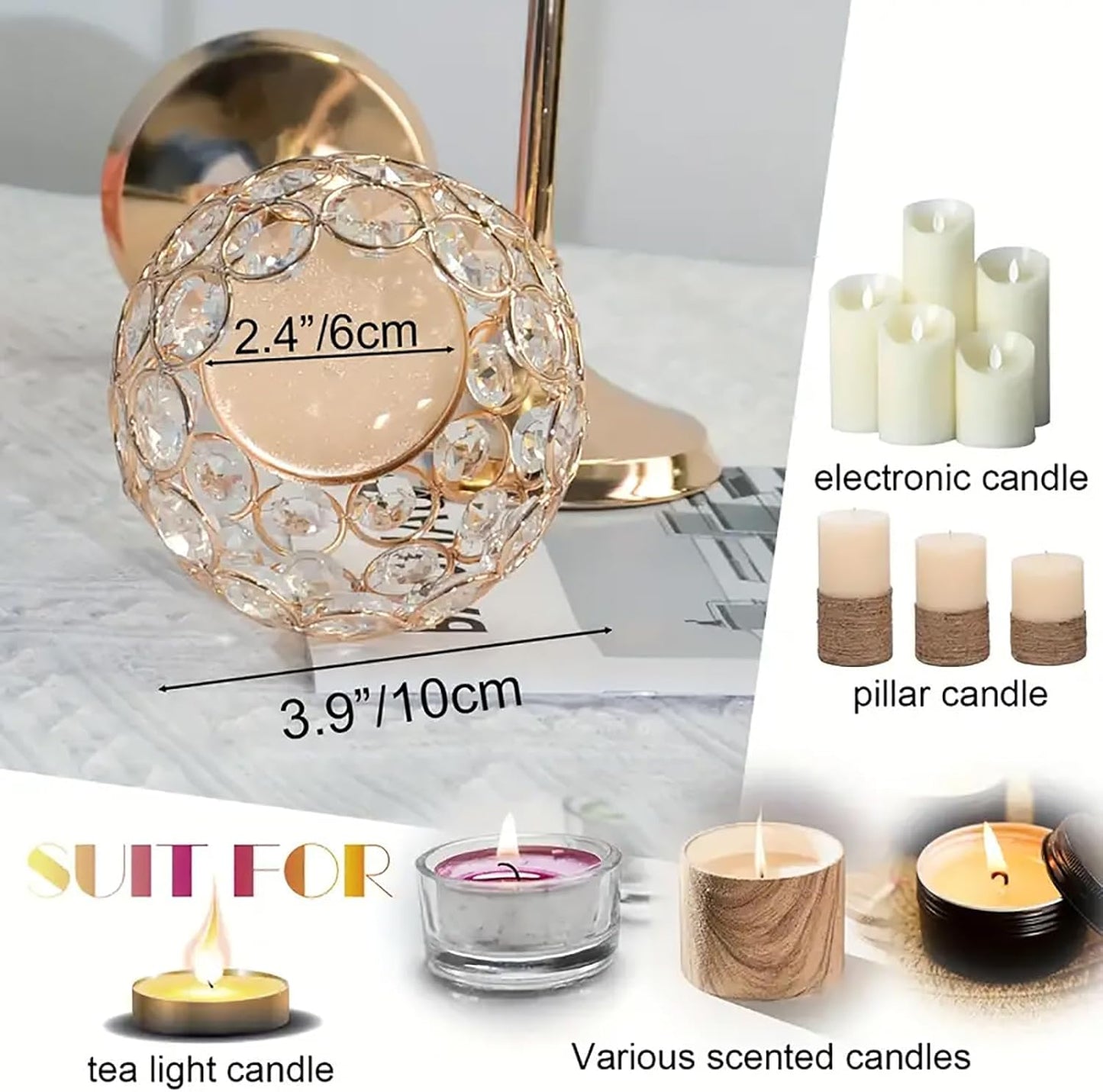 Gold Crystal Candle Holders Set of 2 - Elegant Pillar Candlesticks for Weddings & Home Decor