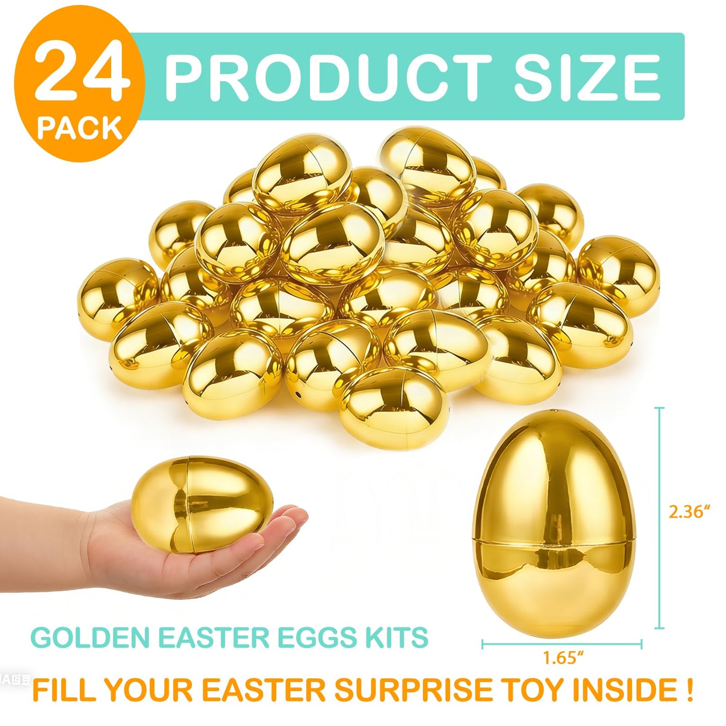 TURNMEON 24 Pack Golden Easter Eggs Empty, 2.36" Shiny Metallic Plastic Easter Eggs Fillable Surprise Gold Eggs for Easter Egg Hunt Fillling Candy Treats Toys Basket Stuffers Classroom Prize Supplies