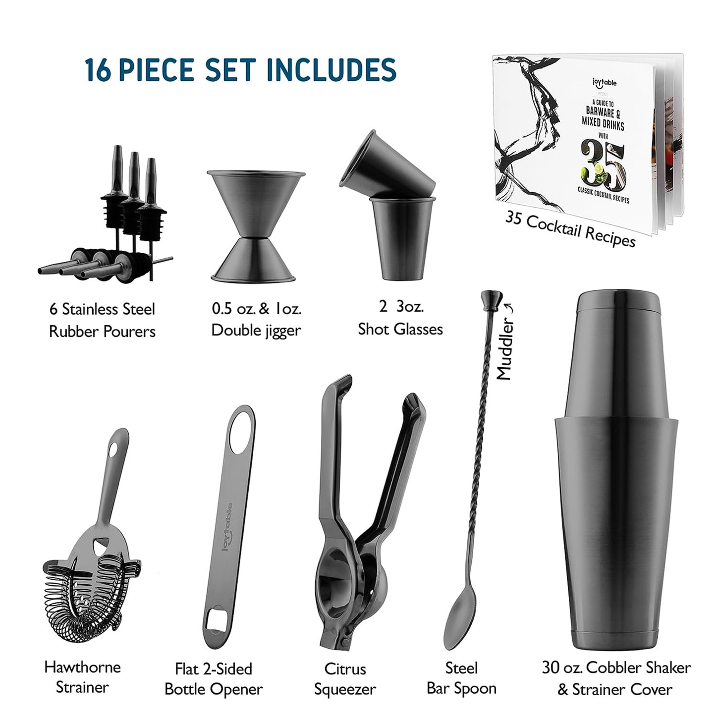Bar Set Cocktail Shaker Set, Stainless Steel Mixology Bartender Kit, 16 Piece Cocktail Kit, Black Cocktail Set, Bar Tools: 30oz Martini Shaker, Muddler, Bar Kit Cocktail Book, Jigger and Pourers