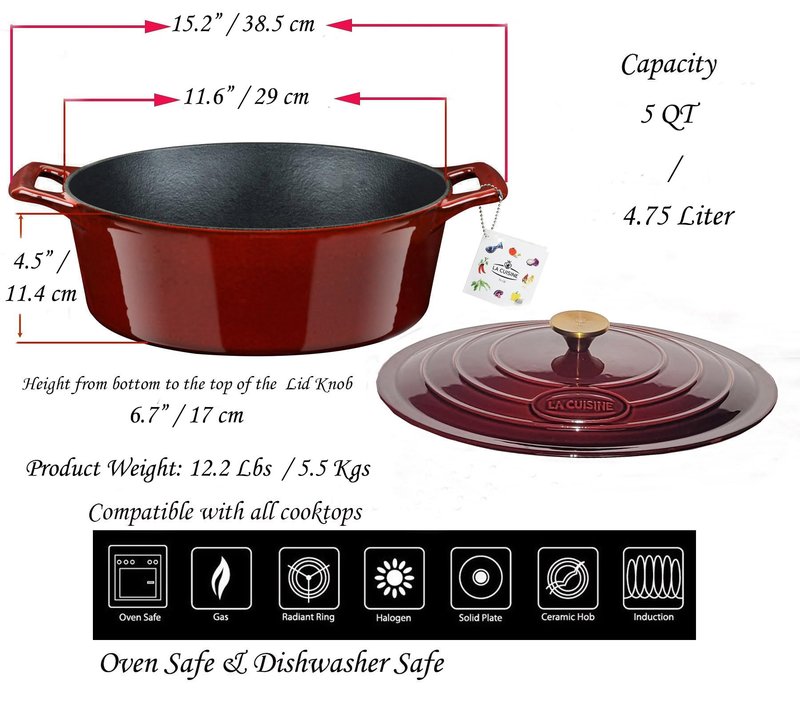 La Cuisine Enameled Cast Iron Oval Dutch Oven Casserole Dish Pot with Lid 5 QT Internal Matt Black Enamel Coating, Cranberry, Gold-Plated Stainless Steel Lid Handle, Oven Safe