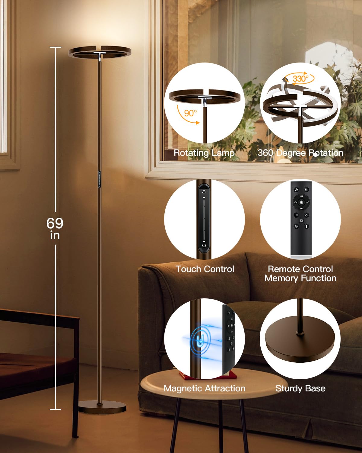 SIBRILLE Brown Floor Lamp, Modern Stepless Dimmable Standing Lamp with Remote Control, 22W 3000-6000K LED Rotatable Floor Light Uplighter Stand up Lamp Tall Lamp for Living Room Bedroom Office