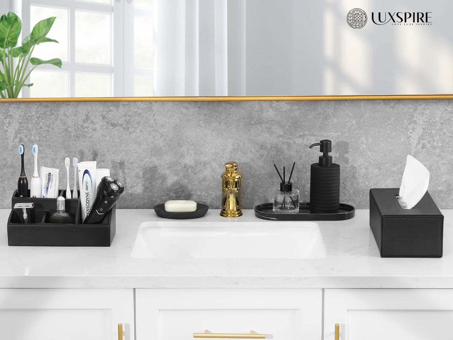 Luxspire Bathroom Counter Organizer, Toothbrush Holder for Bathroom 5 Slot, Large Bathroom Countertop Organizer Storage Marble Bathroom Accessories for Toothbrush Toothpaste, Matte Black
