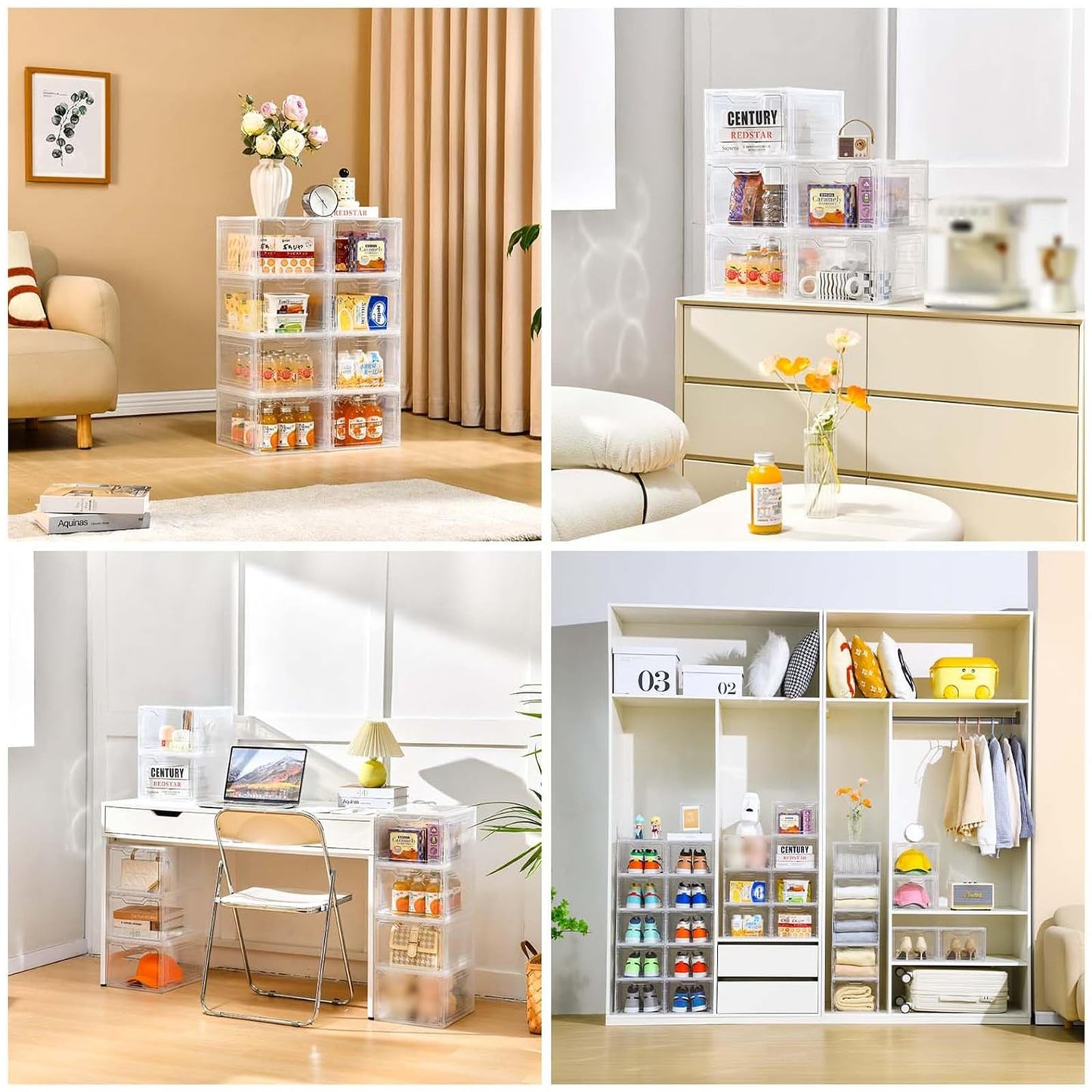 Freebat 10 Pack Closet Organizers and Storage,Clear Stackable Plastic Storage Bins with Lids Magnetic Doors,Clothes Organizers and Storage,Plastic Craft Containers for Wardrobe Kitchen Bathroom Office