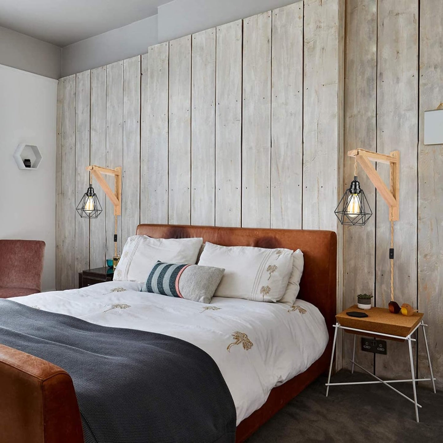 Frideko Wood Wall Sconces Set of Two Plug in, Rustic Wall Lamp with Plug in Cord, Farmhouse Wall Light Fixtures with 8.21FT On/Off Switch Cord, Indoor Sconces Wall Lighting for Bedroom Living Room
