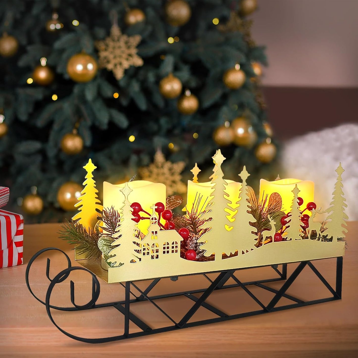 Skiennix Christmas Sleigh Table Centerpiece - Gold Cut-Out Tree LED Candle Holder with Timer for Holiday Decor