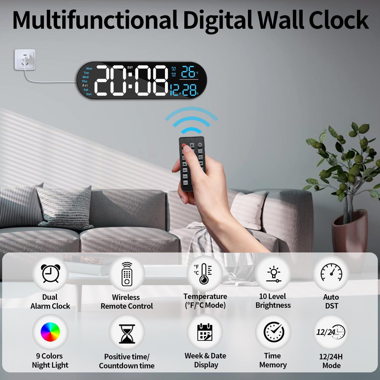 oviouit 14.3" Digital Wall Clock with Remote Control, Large Display, LED Clock for Living Room, Bedroom, Auto-Dimming, 9 Color Night Light, Auto DST, Date, Week, Temperature (Rounded Rectangle-Blue)