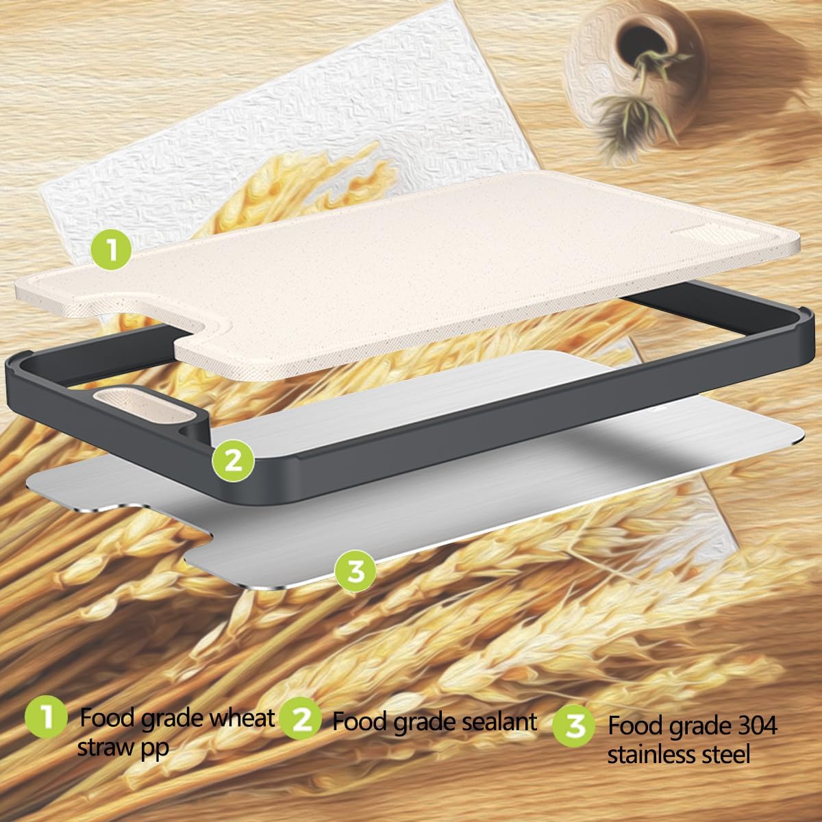 Stainless Steel Cutting Board - Double-Sided 304 Stainless & Wheat Straw | Non-Slip, Easy to Clean, Dishwasher Safe (16 x 11 In)