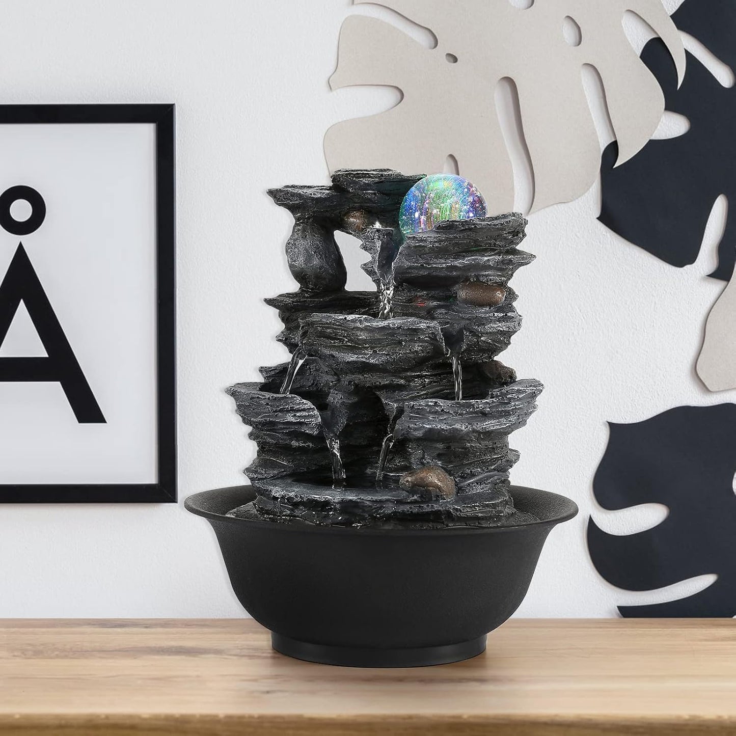 Dyna-Living Water Fountains Indoor Tabletop Fountain with Pump Waterfall Fountain Indoor Coloured LED Lights Desk Water Fountains for Home Office Decor Style 1