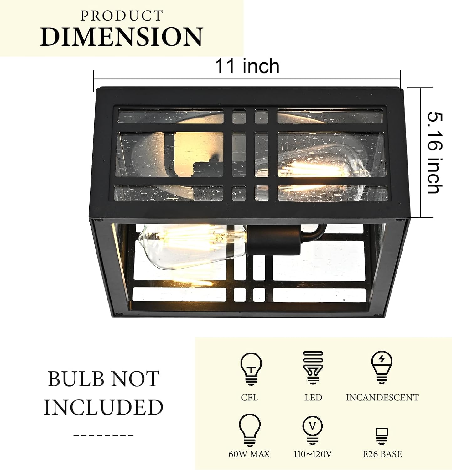 Farmhouse Ceiling Light Fixture Black 2-Light with Clear Glass, Square Flush Mount Ceiling Light for Hallway Kitchen Bedroom Porch