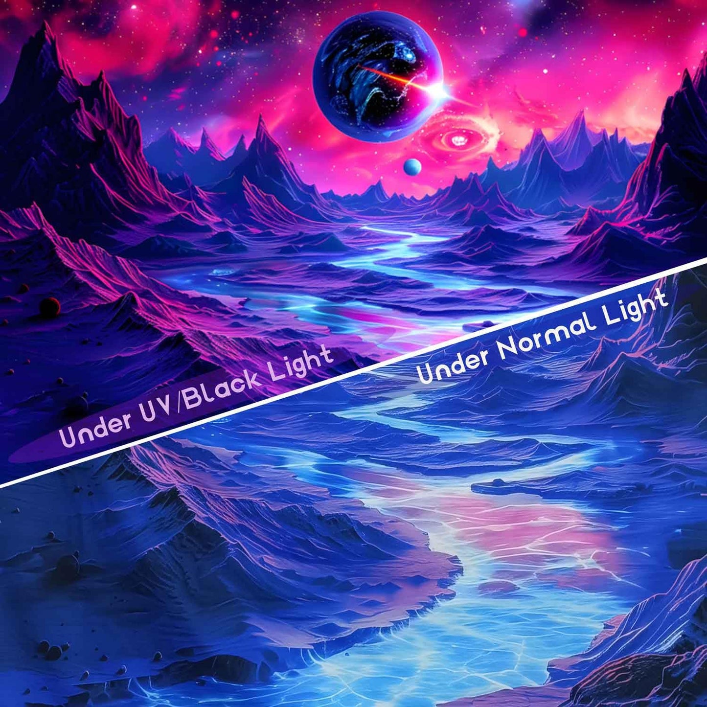 TUGCAY Blacklight Planet and Mountain River Tapestry Galaxy Space Tapestries UV Reactive Fantasy Nature Landscape Tapestry Wall Hanging for Room Home Decor(70.9"x90.6")