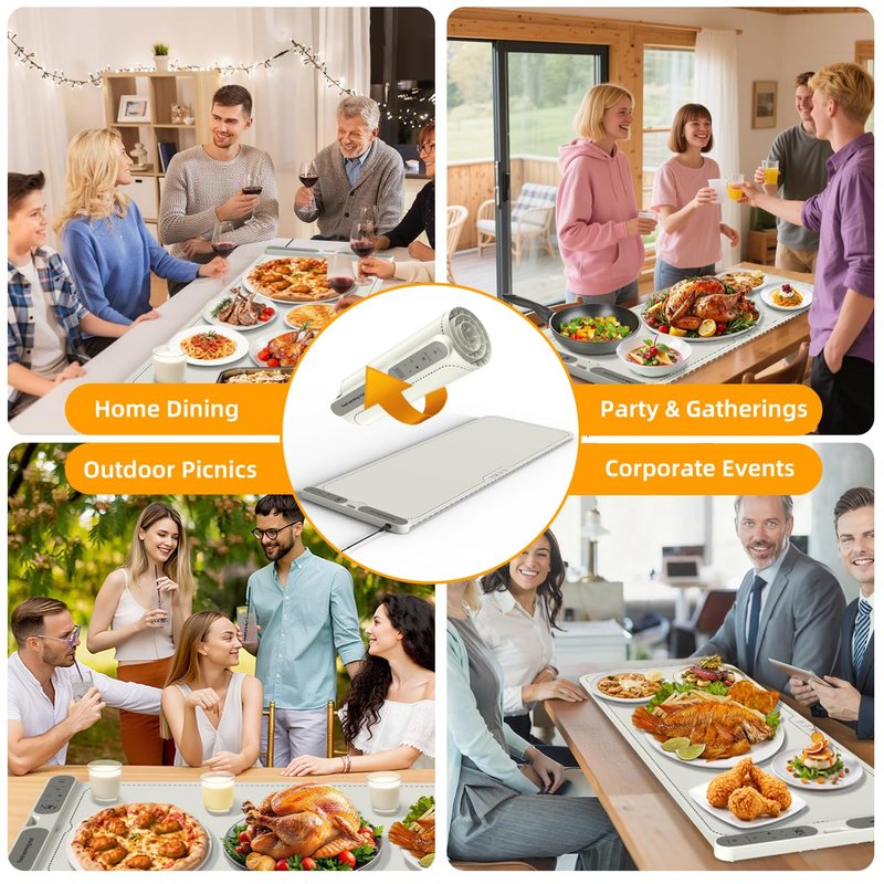 Budsom Food Warming Mat - 8s Fast Heating Electric Warming Tray with 7-Level Temperature & 8-Hour Timer, Roll-Up Portable Food Warmer for Home Dinner, Party, Travel, Outdoor Picnic (Extra Large)