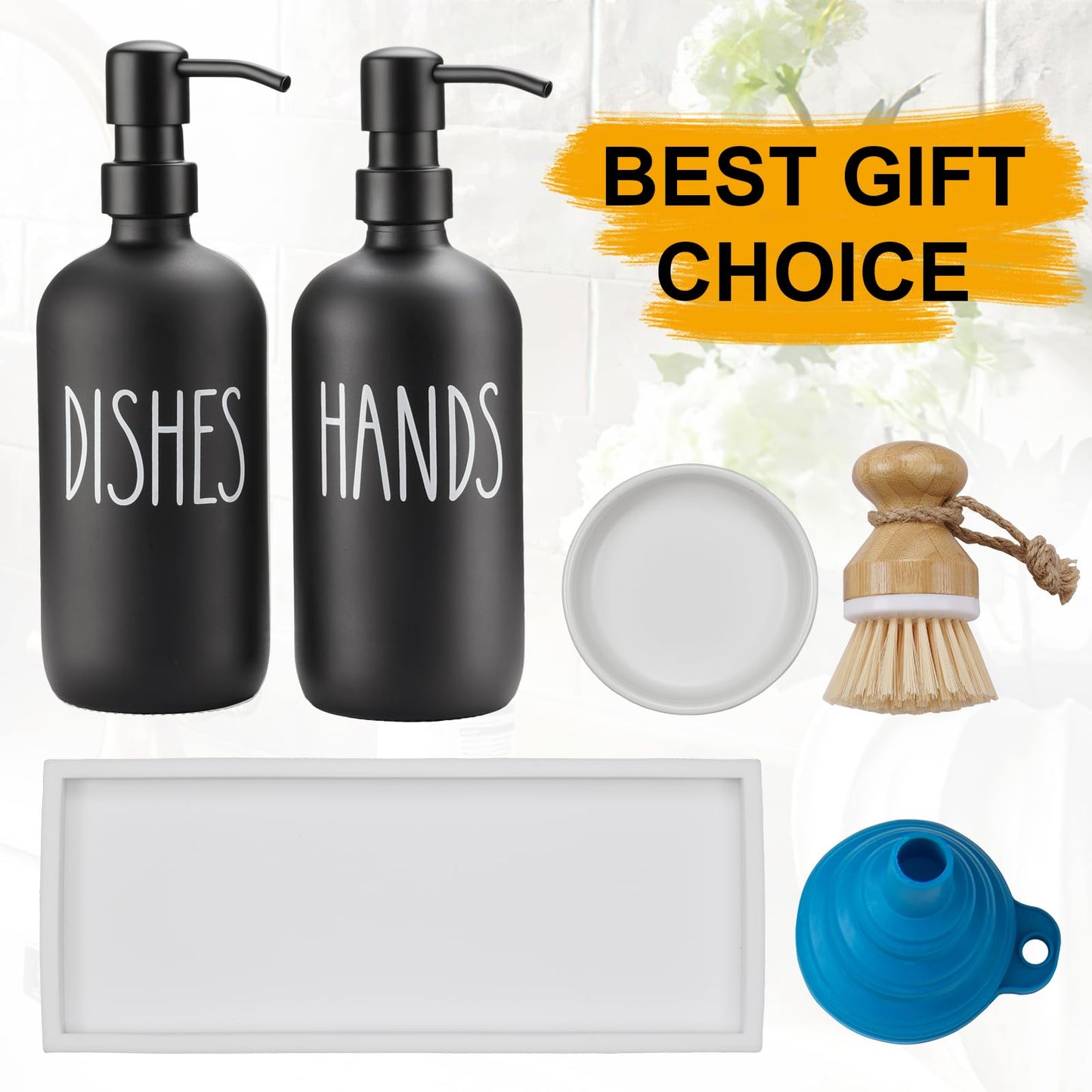 Glass Soap Dispenser for Kitchen Sink,Farmhouse Kitchen Dish Soap Dispenser&Hand Soap Dispenser Set,Rustproof Pump Soap Dispenser Set with Tray and Dish Brush,Kitchen Decor(Black)