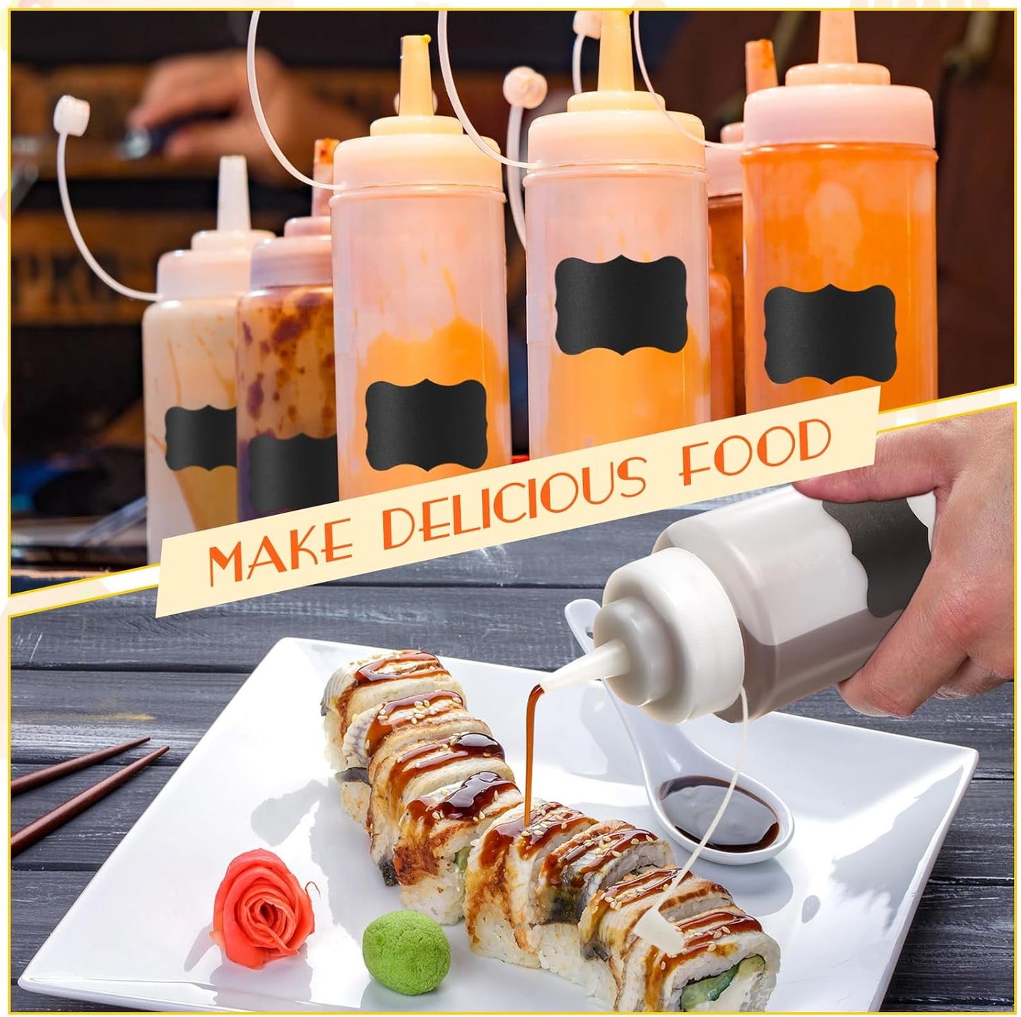 Mumufy 24 Pcs Condiment Squeeze Bottles 32 oz Plastic Squeeze Squirt Containers for Sauce Ketchup, Oil, Liquid with Extra 1 Funnel 24 Labels and 1 Pen