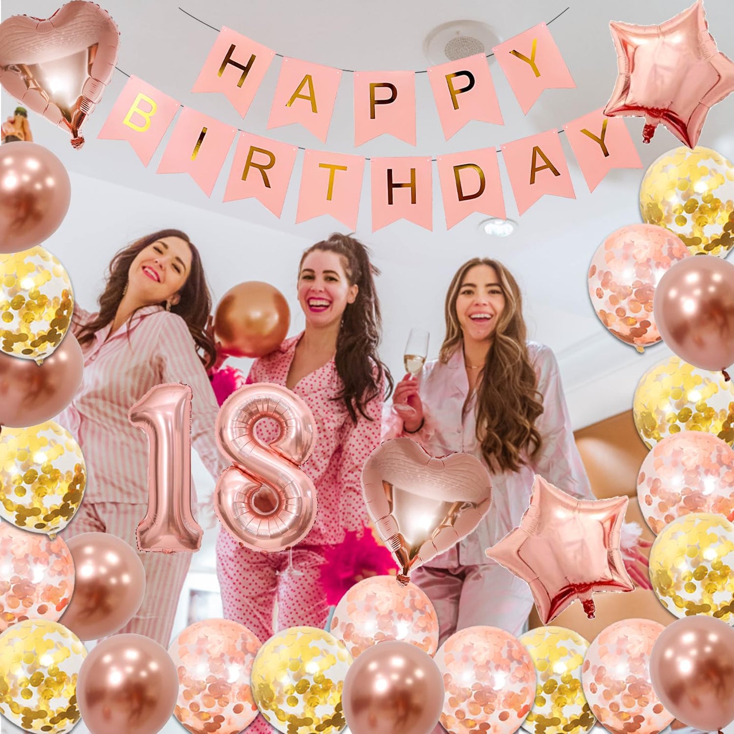 18th Birthday Decorations for Girls, Pink Rose Gold Happy 18 Birthday Banner Backdrop Balloons Table Cake Topper Honeycomb Centerpieces Hanging Swirls Paper Party Supplies