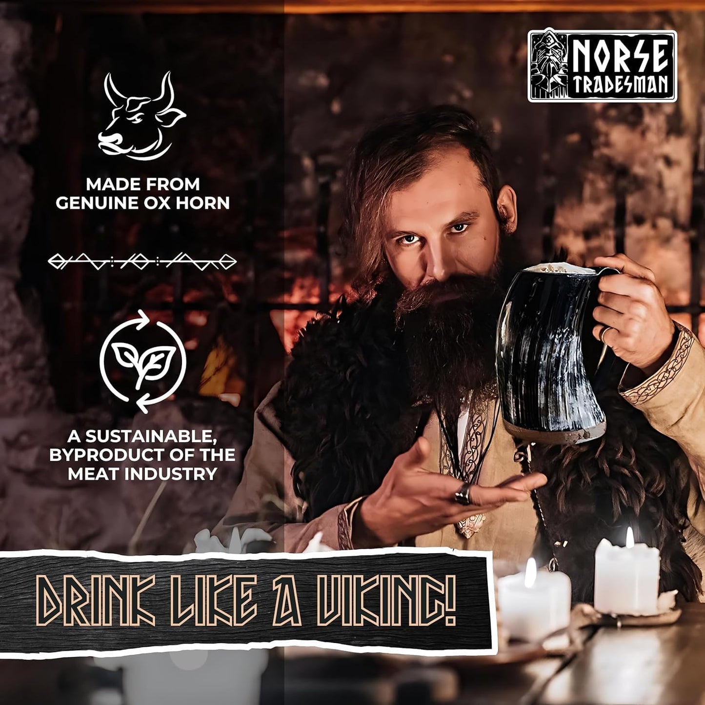 Norse Tradesman Original XL Viking Drinking Horn Mug - 100% Authentic Beer Horn Tankard With Natural Surface & Burlap Gift Sack | The Original, Low Polish, approx. 30 oz