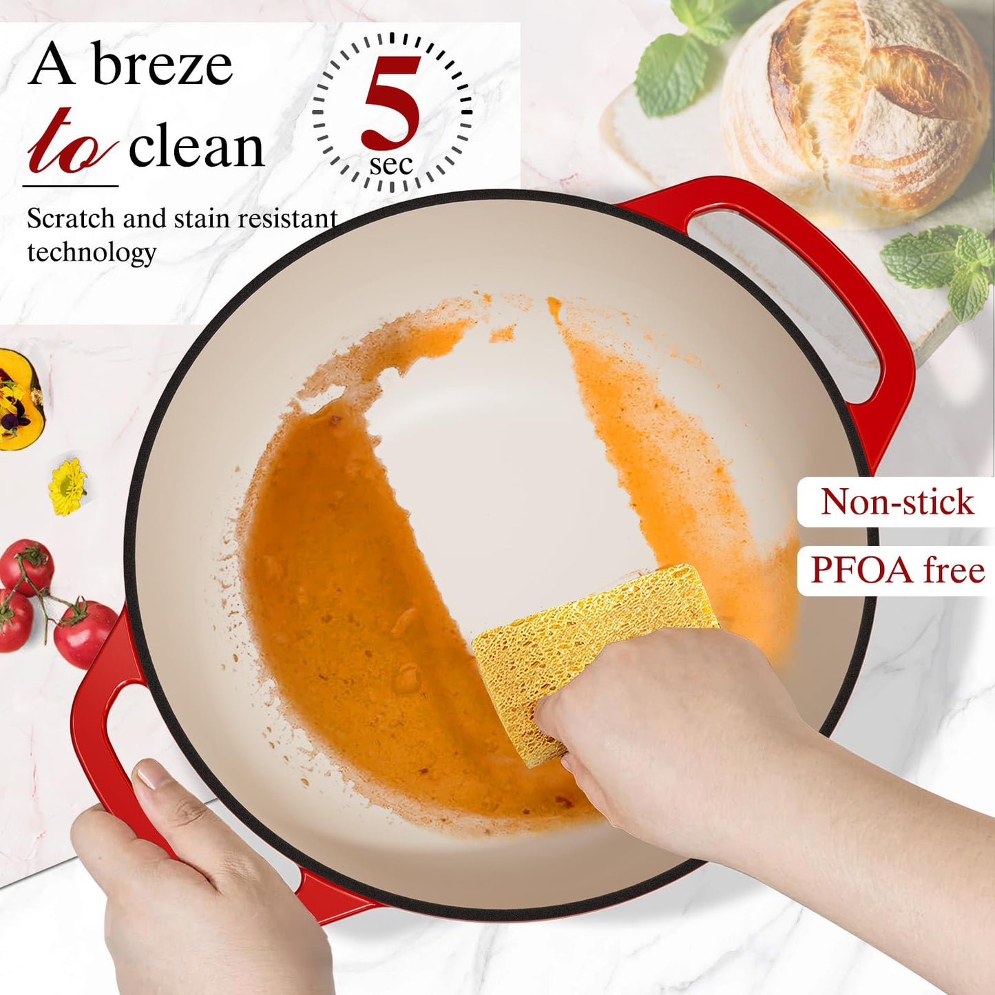 Umite Chef 6QT Enameled Cast Iron Dutch Oven with Lid, Versatile Heavy-Duty Cookware Pot for Baking Bread, Braising, Soups & Stews, Oven & Stovetop Safe with Heat Resistant Gloves(Red)