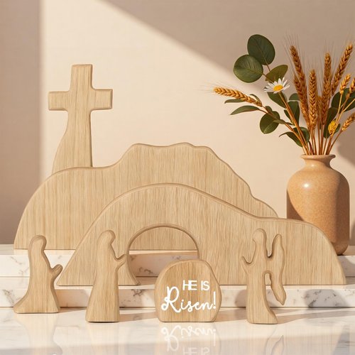 Empty Tomb Easter Scene and Cross Christian Decoration, Wooden Easter Jesus Resurrection Scene with Cross for Tray, Jesus Nativity Set for Religious Decorations, Home Office Mantel Christian Decor